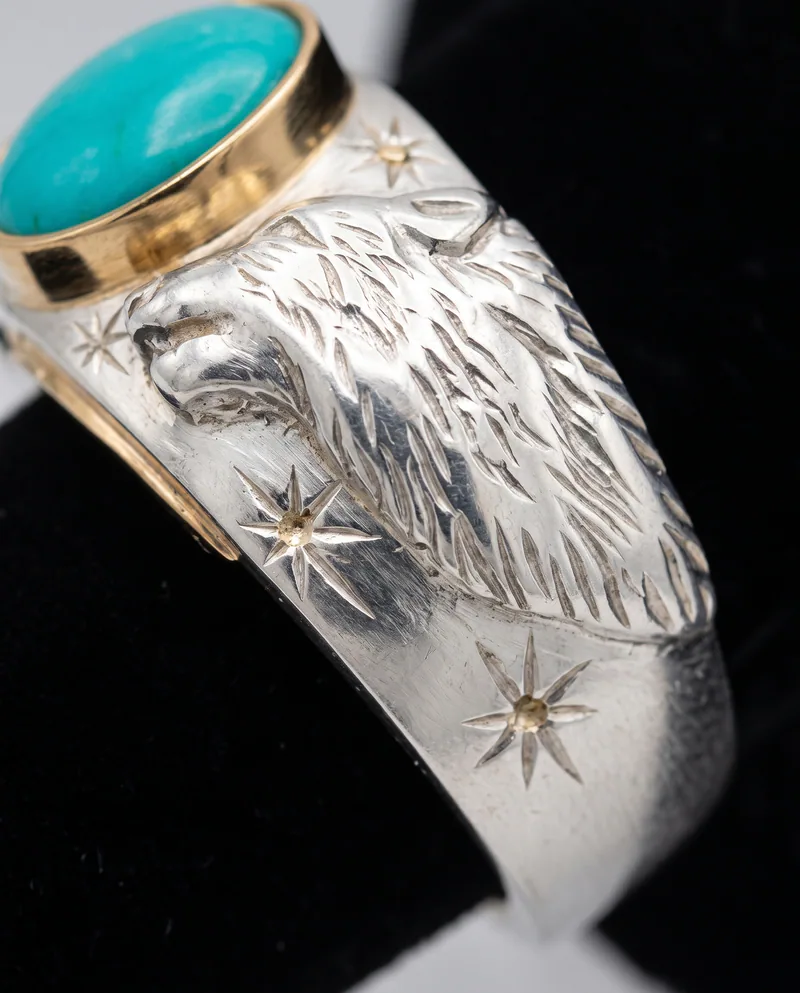 Sterling & 14k Turquoise Wolf Ring, by Ahern & Brucker