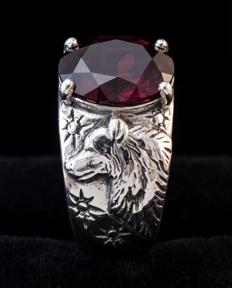 Wolf Ring with Rhodolite Garnet, by Ahern & Brucker
