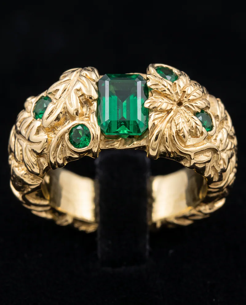 18k Leaf Ring with Evergreen Topaz, by Ahern & Brucker
