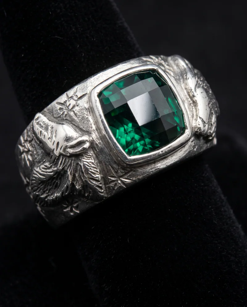 Wolf Ring with Checkerboard Evergreen Topaz, by Ahern & Brucker