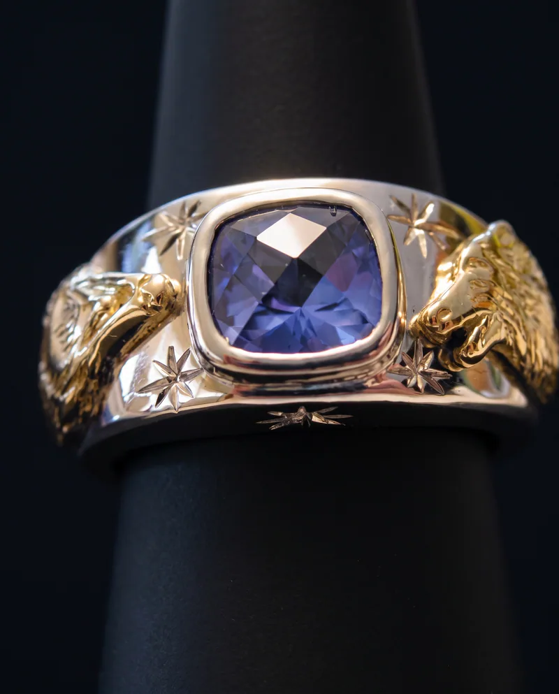 Checkerboard Glacier Blue Topaz Wolf Ring, by Ahern & Brucker