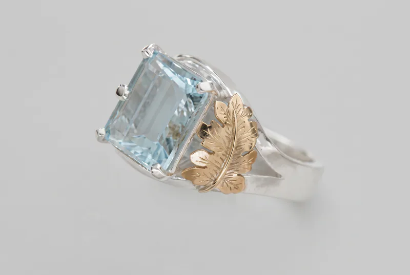A Hand-Fabricated Oak Leaf Ring with Aquamarine