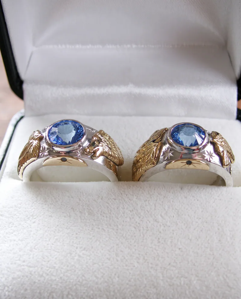 A Wolf Wedding Set with Matched Glacier Blue Topaz