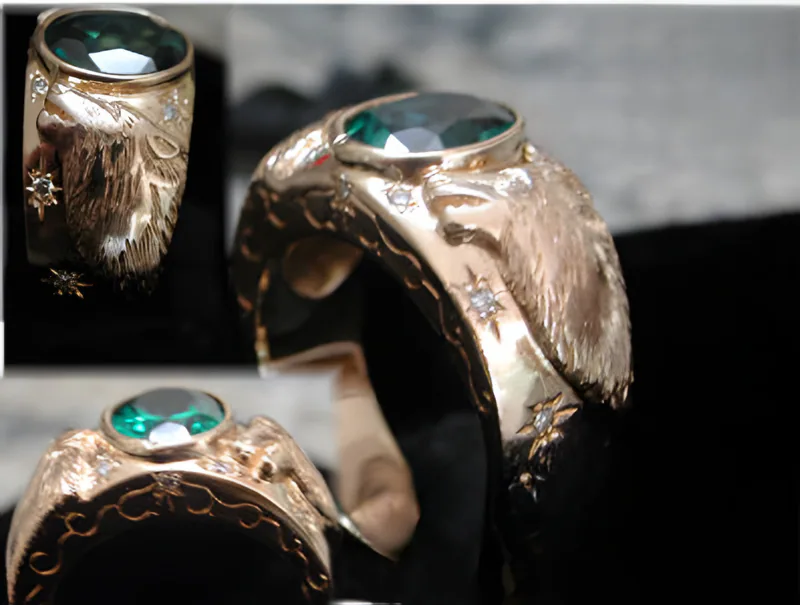 Evergreen Topaz & Diamond Wolf Ring, by Ahern & Brucker