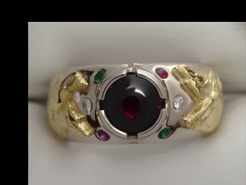 Two-Tone Wolf Ring with Rubies, Diamonds & Emeralds — view 3, by Ahern & Brucker