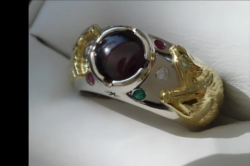 Two-Tone Wolf Ring with Rubies, Diamonds & Emeralds — view 4, by Ahern & Brucker
