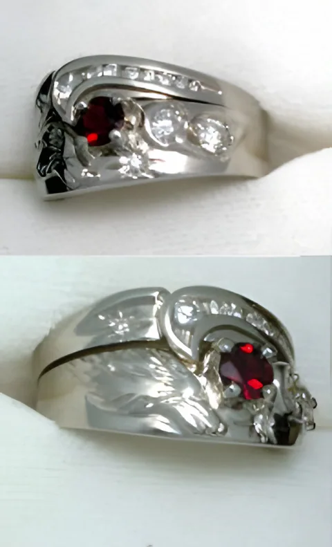 Ruby & Diamond Wolf Wedding Set — view 4, by Ahern & Brucker