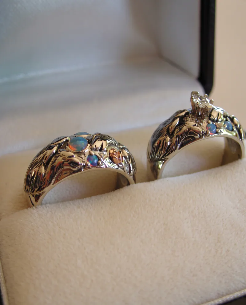 Three-Tone Opal Wolf Wedding Set, by Ahern & Brucker