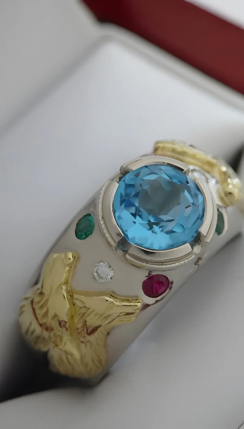 Two-Tone Wolf Ring with Rubies, Diamonds & Emeralds — view 6, by Ahern & Brucker