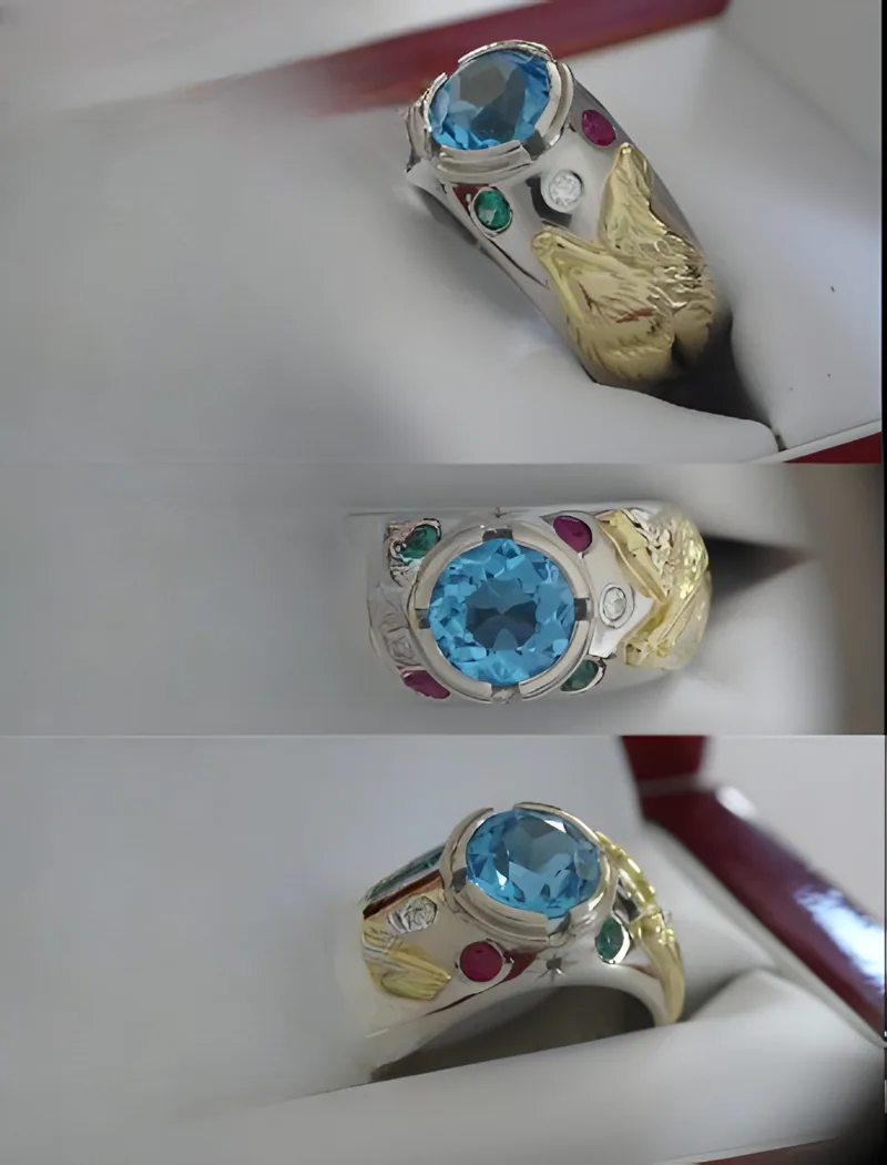 Two-Tone Wolf Ring with Rubies, Diamonds & Emeralds — view 5, by Ahern & Brucker