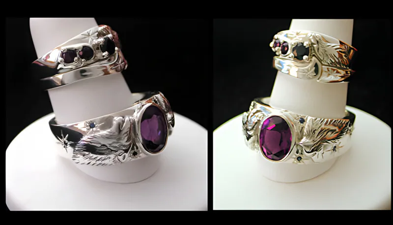 Amethyst & Sapphire Wolf Wedding Set, by Ahern & Brucker
