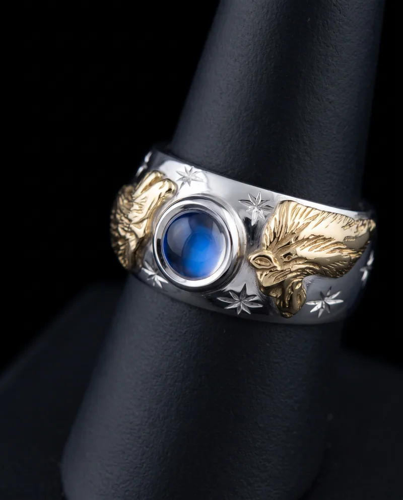Blue Moonstone Wolf Ring, by Ahern & Brucker